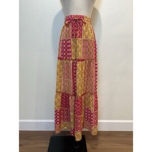 Boho Patchwork Maxi Skirt Tiered Cottagecore Festival Elastic Waist Sz M